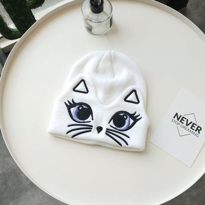 Women's Cute Embroidered Cat Knit Beanie — white cat beanie showing dark face embroidery