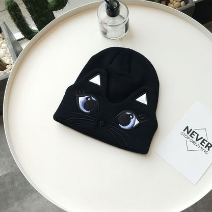 Women's Cute Embroidered Cat Knit Beanie — black cat beanie with embroidered eyes and whiskers