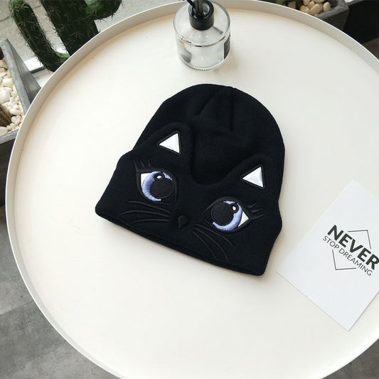 Women's Cute Embroidered Cat Knit Beanie — black cat beanie with embroidered eyes and whiskers