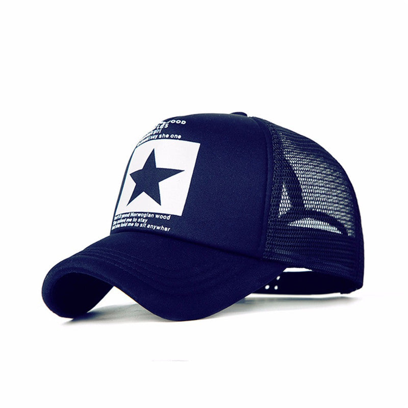 Navy star print mesh trucker cap front view