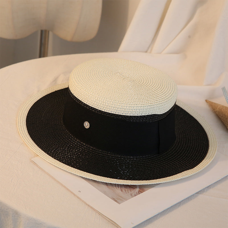 Womens retro flat top straw sun hat - product photo 4