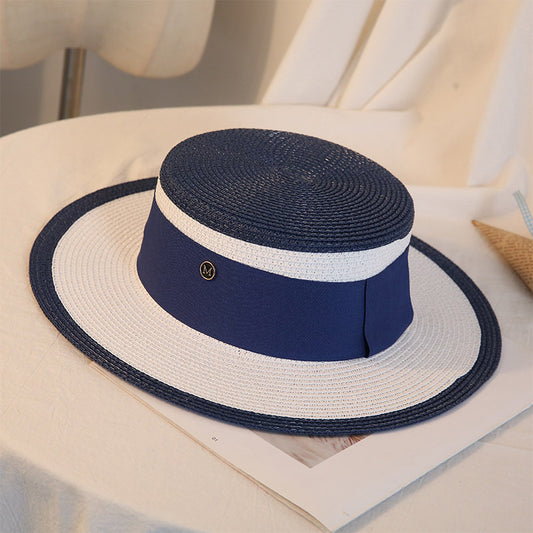 Womens retro flat top straw sun hat - product photo 2