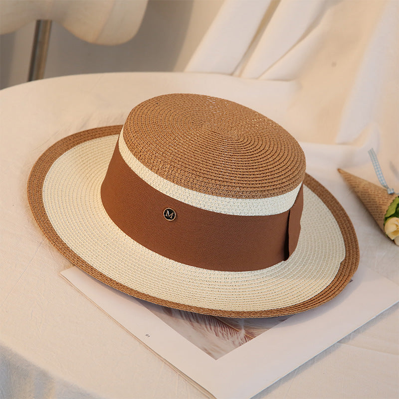 Womens retro flat top straw sun hat - product photo 5