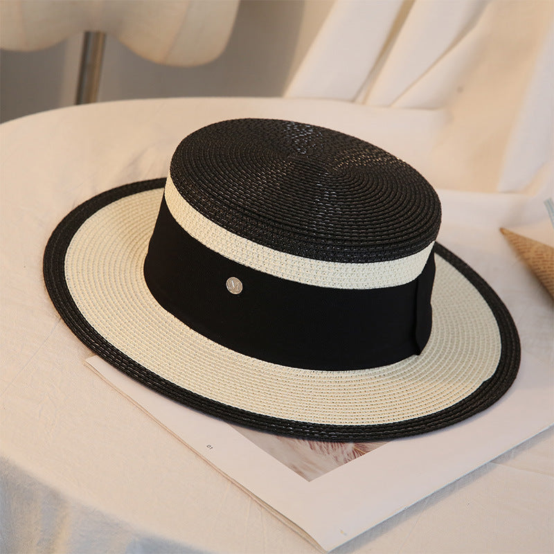 Womens retro flat top straw sun hat - product photo 6