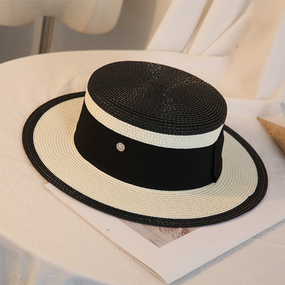 Womens retro flat top straw sun hat - product photo 6