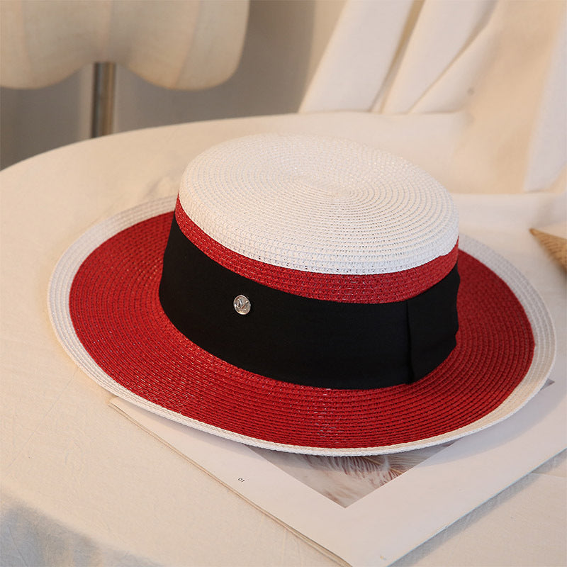 Womens retro flat top straw sun hat - product photo 1