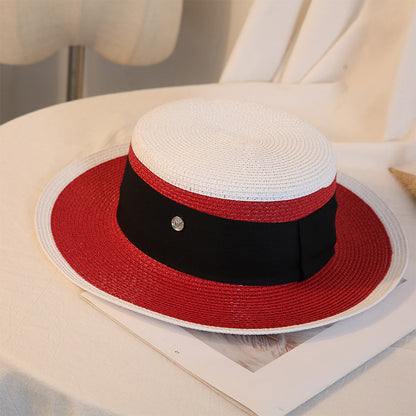 Womens retro flat top straw sun hat - product photo 1