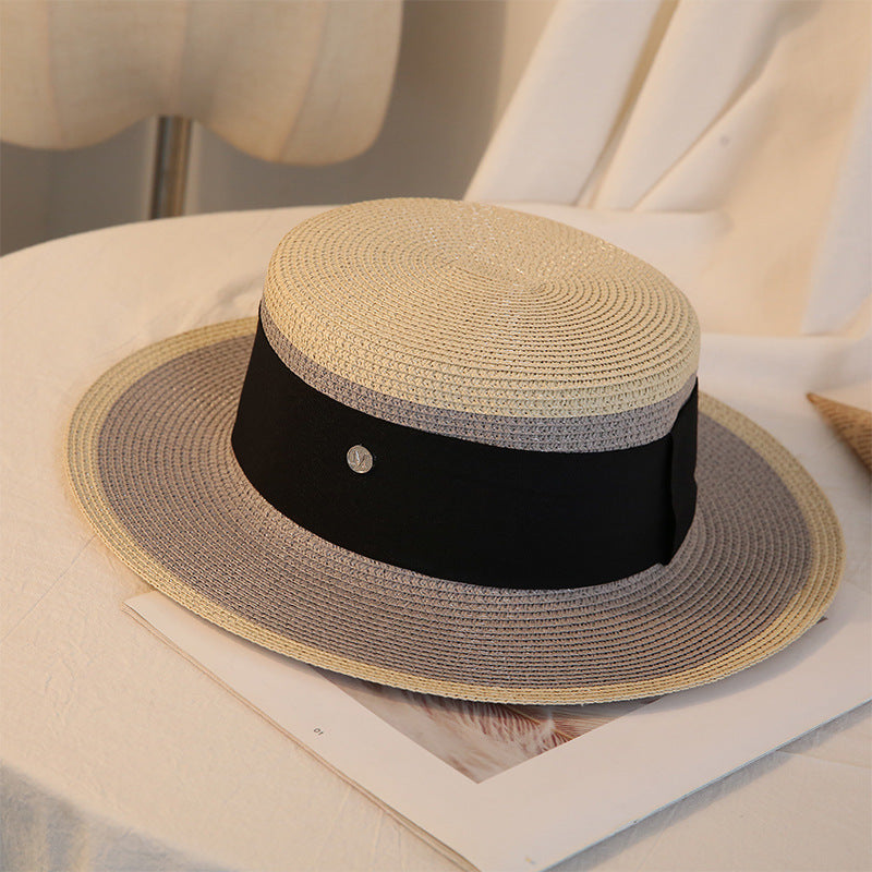 Womens retro flat top straw sun hat - product photo 3