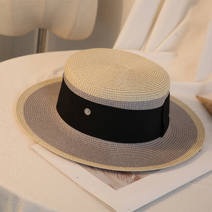 Womens retro flat top straw sun hat - product photo 3