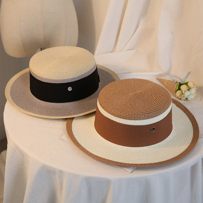 Womens retro flat top straw sun hat - product photo 7