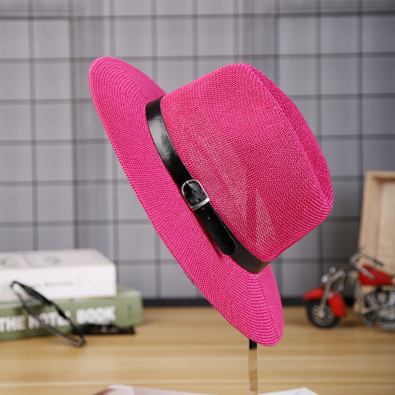 Mens wide brim straw fedora hat with leather belt - product photo 6