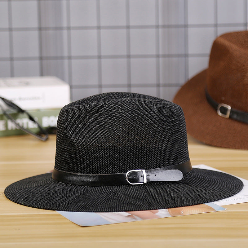 Mens wide brim straw fedora hat with leather belt - product photo 2