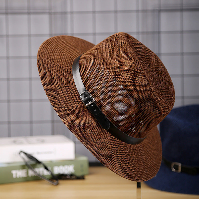 Mens wide brim straw fedora hat with leather belt - product photo 4