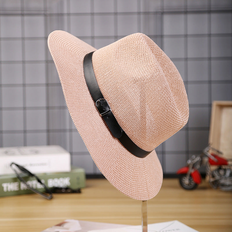 Mens wide brim straw fedora hat with leather belt - product photo 5