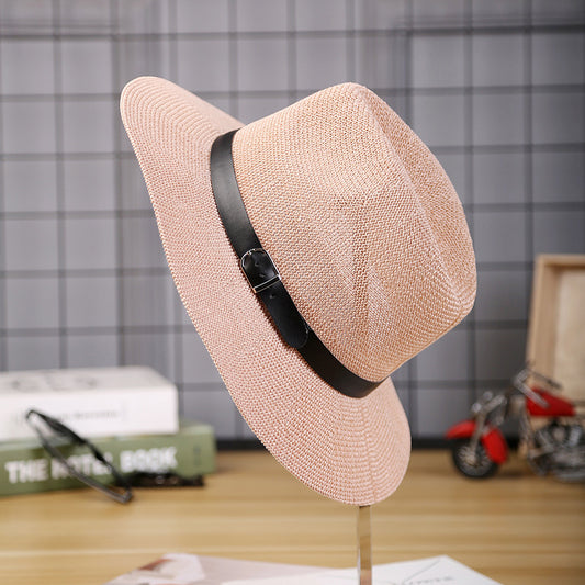 Mens wide brim straw fedora hat with leather belt - product photo 5