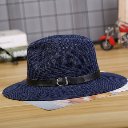 Mens wide brim straw fedora hat with leather belt - product photo 1