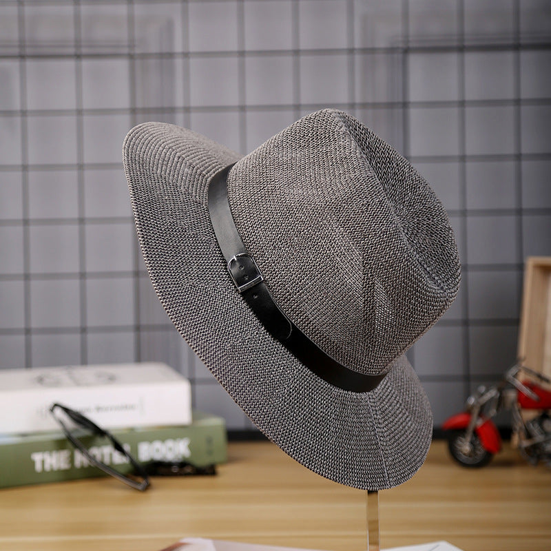 Mens wide brim straw fedora hat with leather belt - product photo 3
