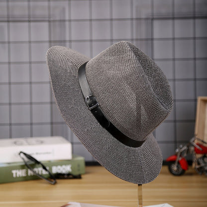 Mens wide brim straw fedora hat with leather belt - product photo 3