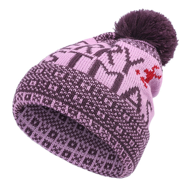 Unisex Nordic Pattern Pom Pom Beanie – Cotton Knit Winter Hat - Beige front view
