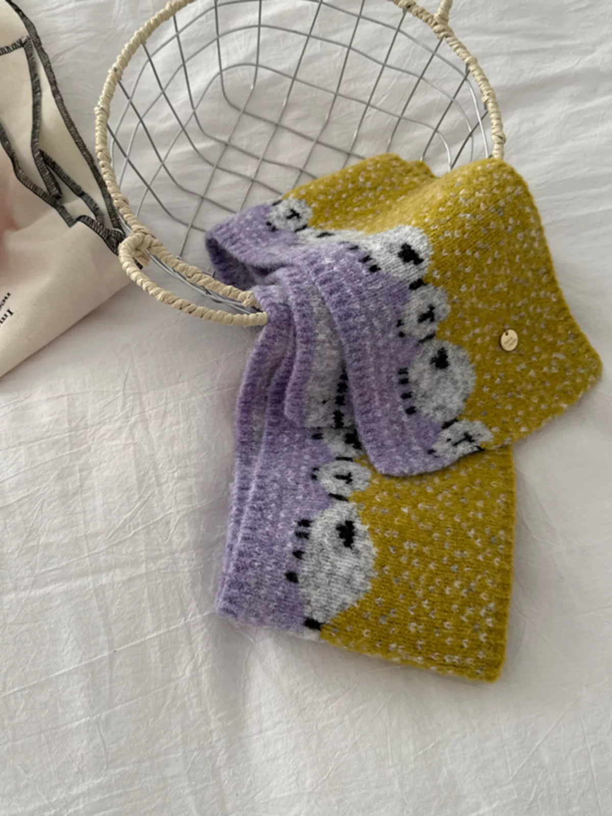 Unisex Sheep Motif Knit Scarf — yellow scarf with contrasting sheep motif panel