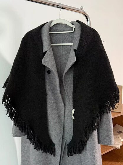 Women's Fringe Knit Triangle Wrap — black shawl worn open over a long cardigan