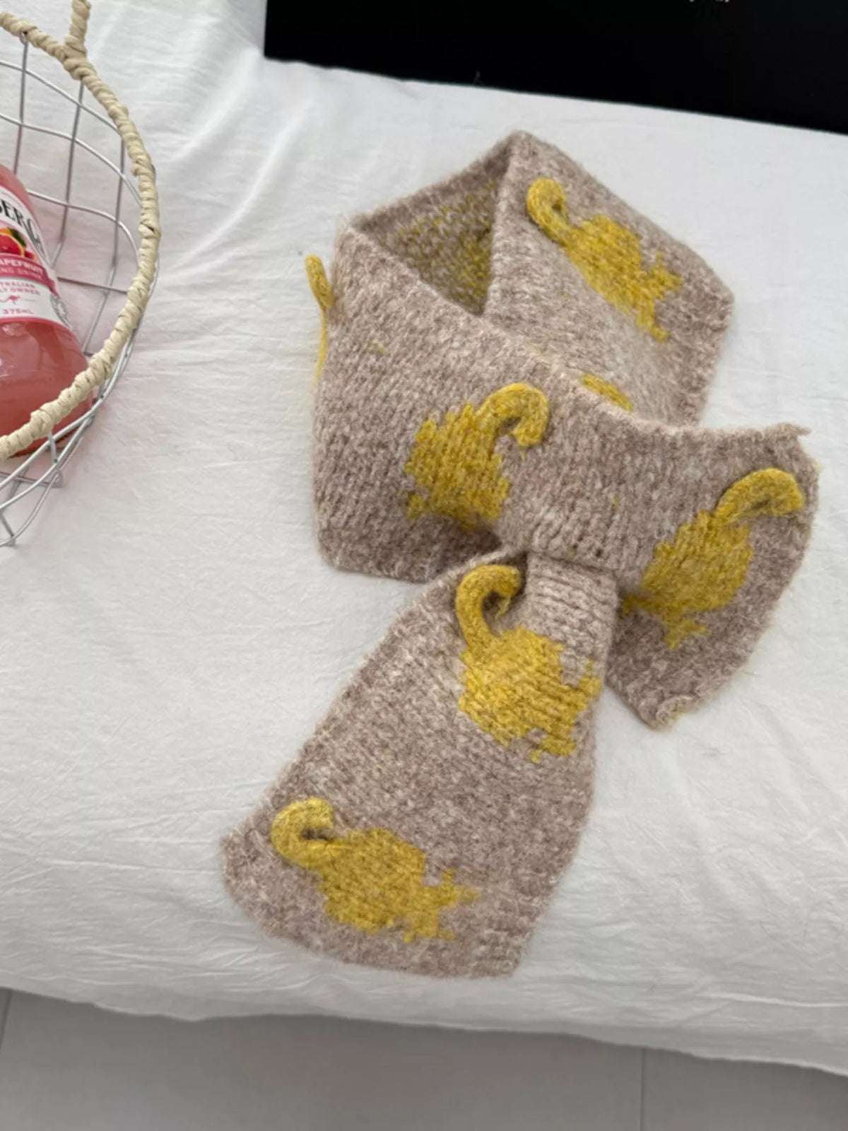 Unisex Short Cat Motif Scarf — khaki short scarf with yellow cat motifs