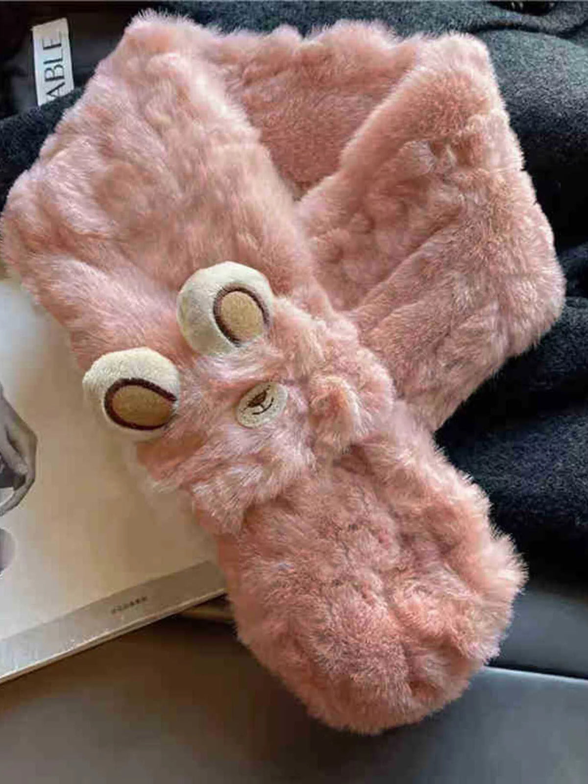 Unisex Animal Detail Plush Scarf — pink plush scarf showing rounded ears and embroidered face