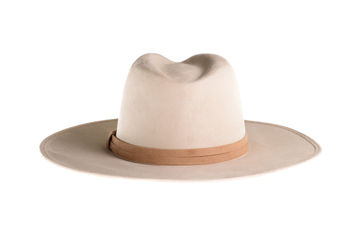 Rear view of ASN Hats Blanco with tan hatband and wide brim
