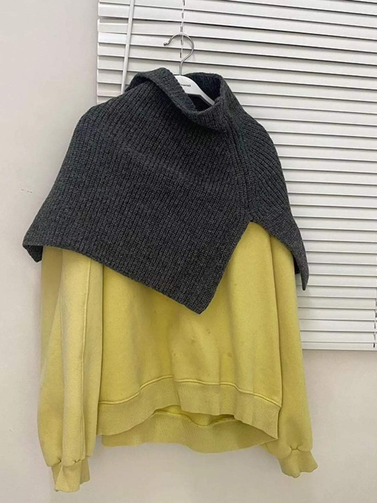 Women's Ribbed Knit Capelet — gray ribbed capelet displayed over a yellow top