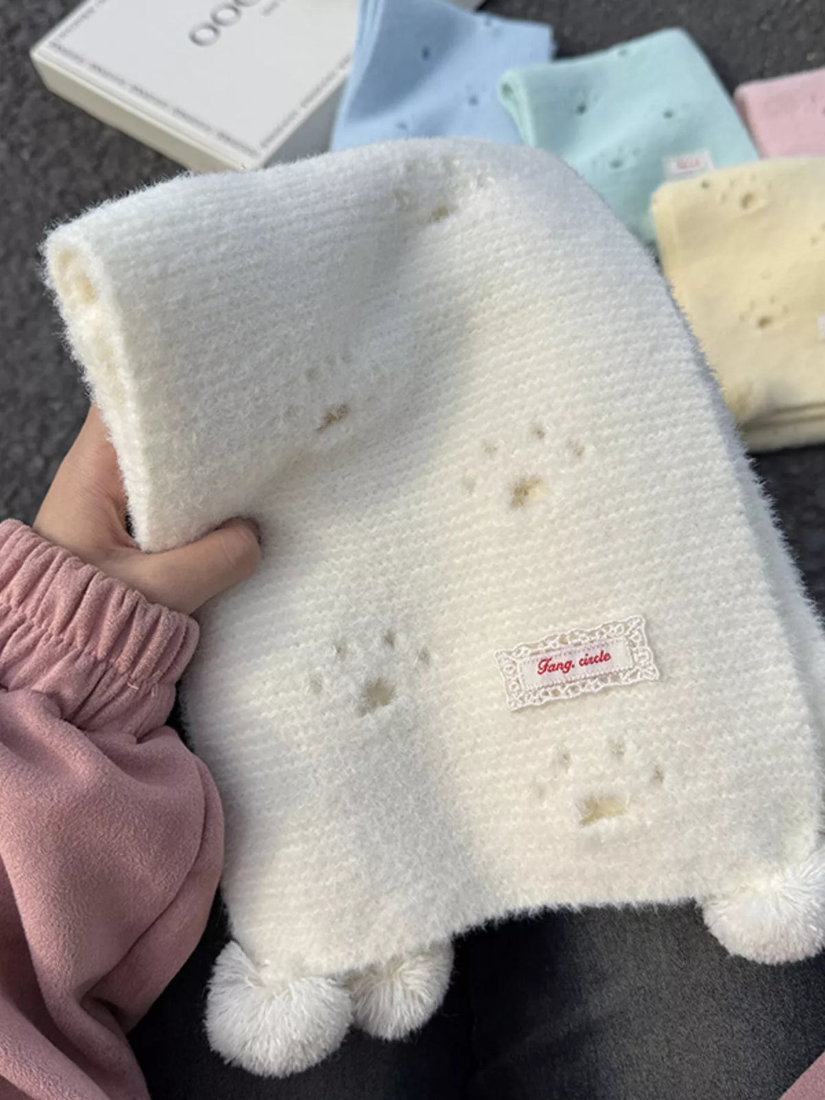 Unisex Cat Paw Pom-Pom Scarf — milky white scarf showing subtle paw motifs
