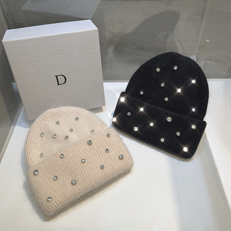 Women's Rhinestone Studded Knit Autumn-Winter Beanie — pink and black beanies with scattered rhinestones