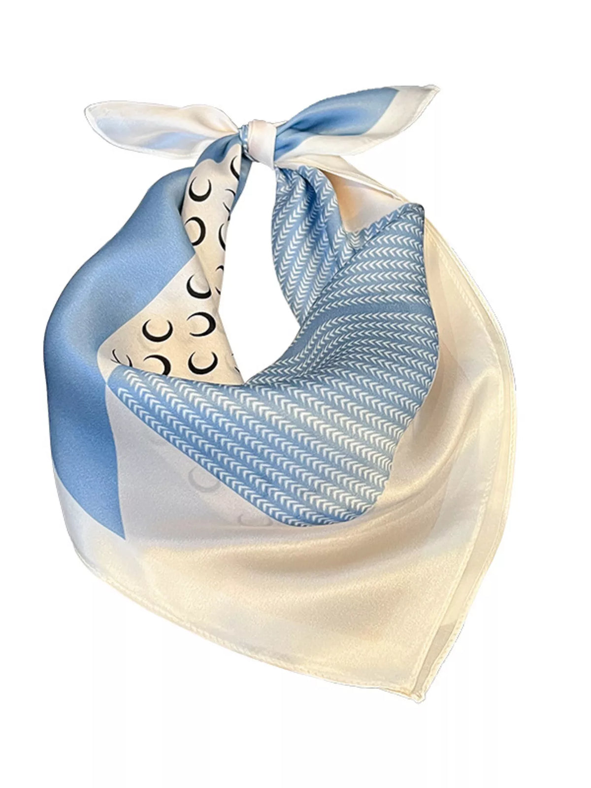 Unisex Printed Silk Square Scarf — isolated pale blue silk square tied at the neck shape