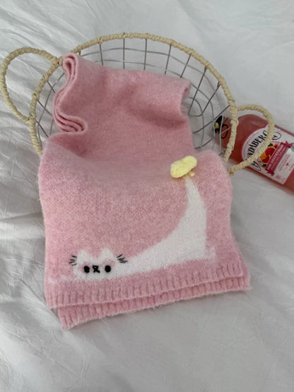 Unisex Playful Cat Knit Scarf — folded pink scarf showing its cat illustration and rounded detail