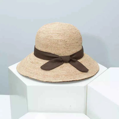 Gray straw sun hat with ribbon side profile