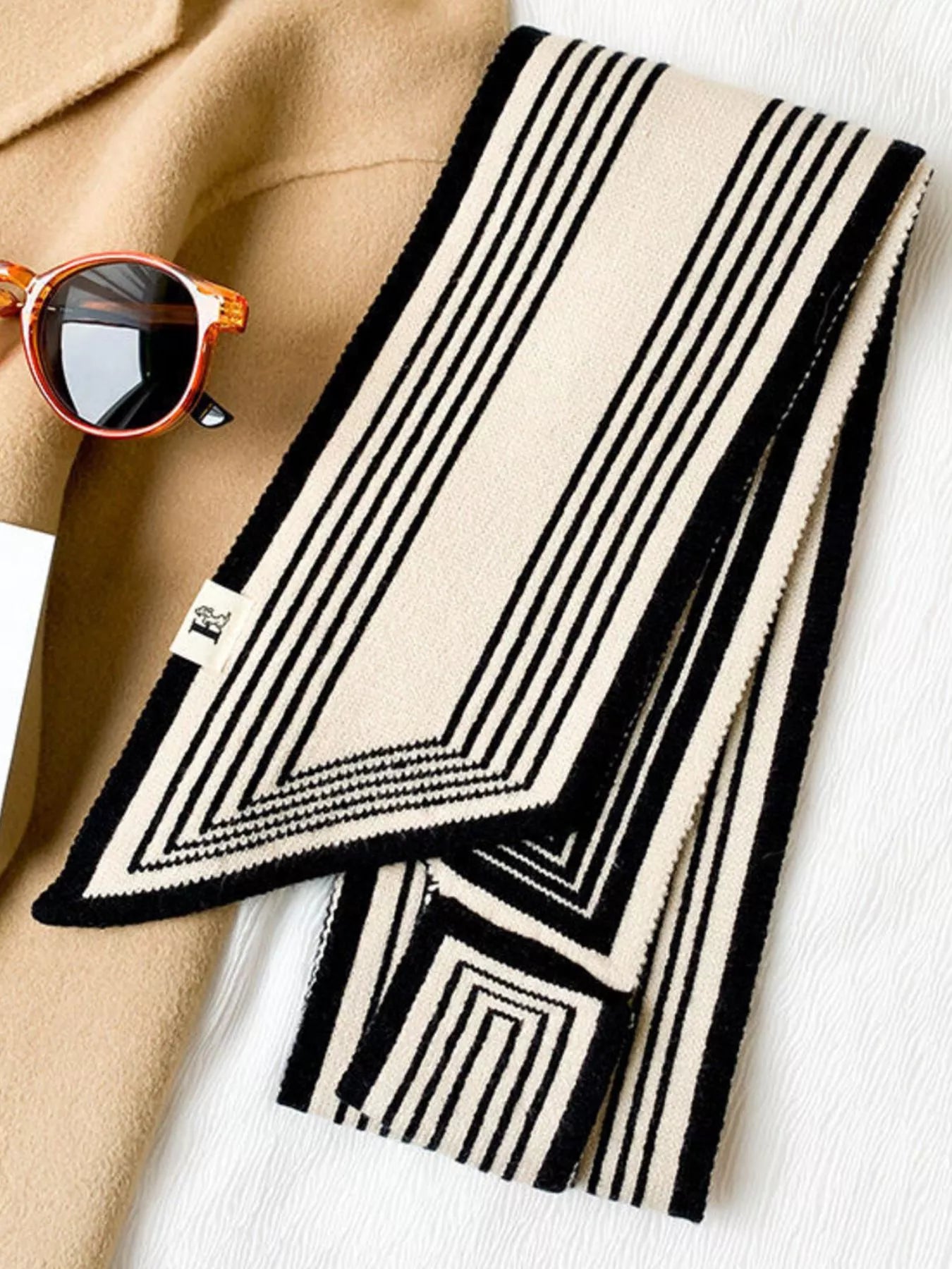 Unisex Striped Knitted Winter Scarf in Black - full-length view 6