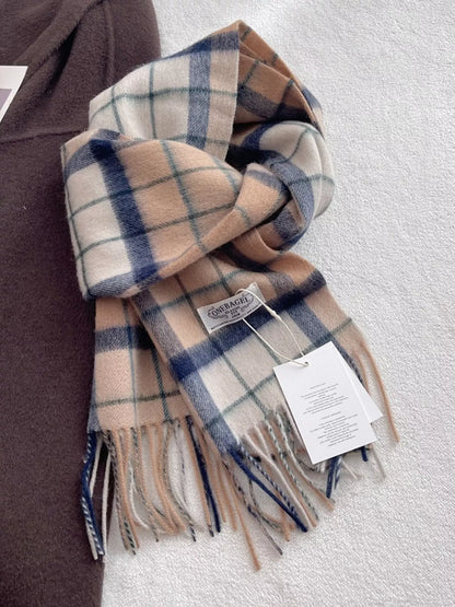 Unisex Heritage Wool Plaid Scarf — tan blue and dark plaid wool scarf loosely looped