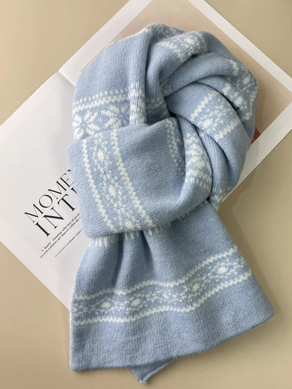 Unisex Winter Snowflake Pattern Knitted Scarf — blue snowflake scarf styled in a loose front knot