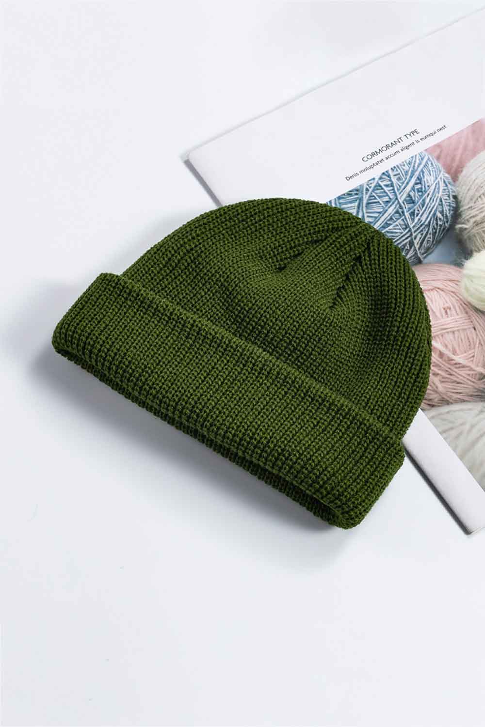 White acrylic cuff beanie soft knit texture