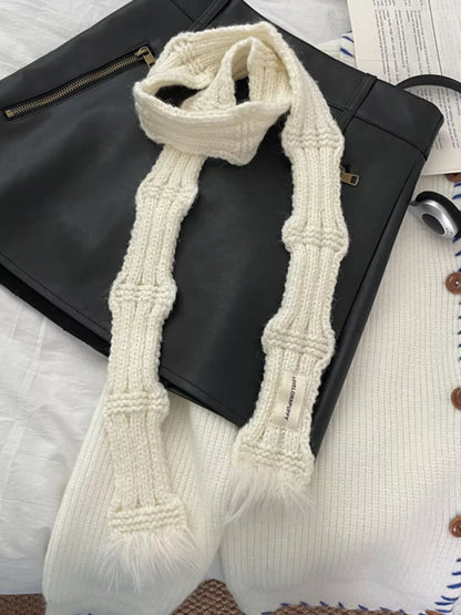 Unisex Plush-Tip Skinny Knit Scarf — white slim scarf in a loose front knot