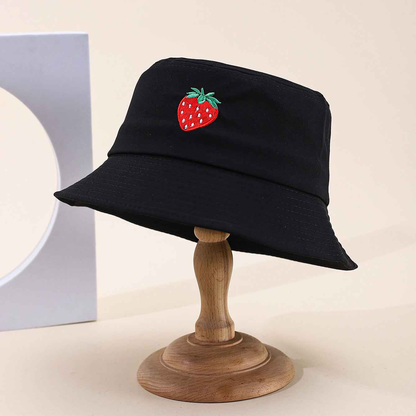 Women's Beige Strawberry Embroidered Casual Bucket Hat front view