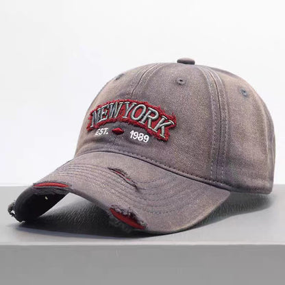Beige denim New York cap curved brim view