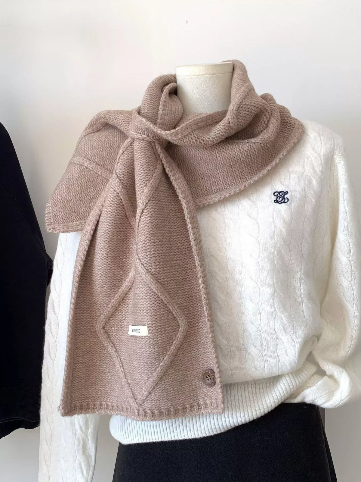 Unisex Solid Color Knitted Winter Scarf — khaki knitted scarf loosely wrapped at the neck