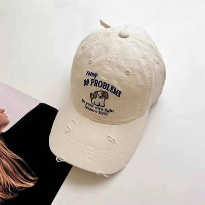 Purple distressed baseball cap with dog patch detail