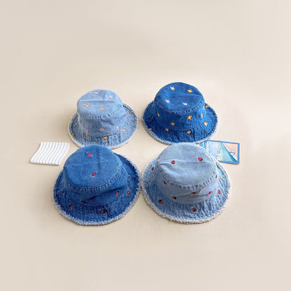 Women's Blue Strawberry Embroidered Denim Bucket Hat with Frayed Brim back fit detail
