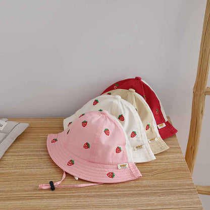 Kids Khaki Strawberry Embroidered Mesh Bucket Sun hat embroidery close-up