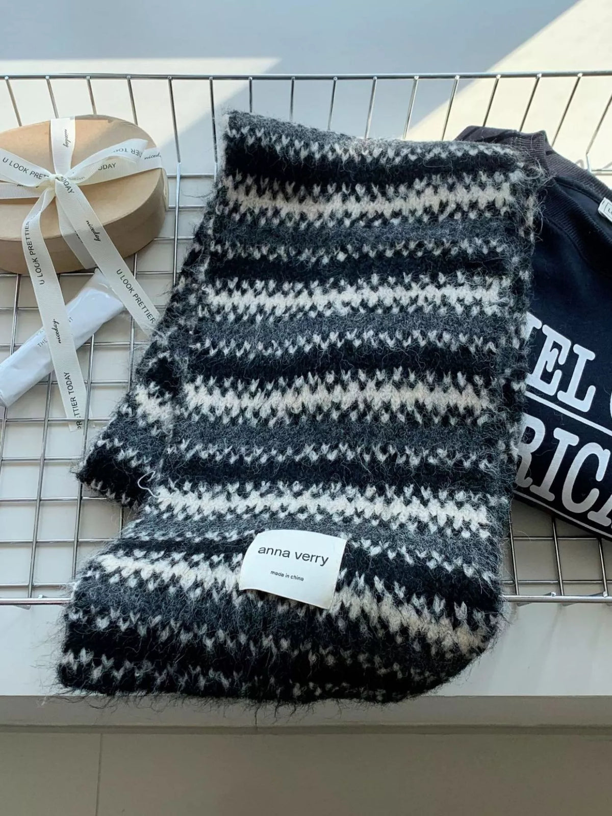 Unisex Striped Knitted Warm Scarf — dark gray wool scarf with pale horizontal bands