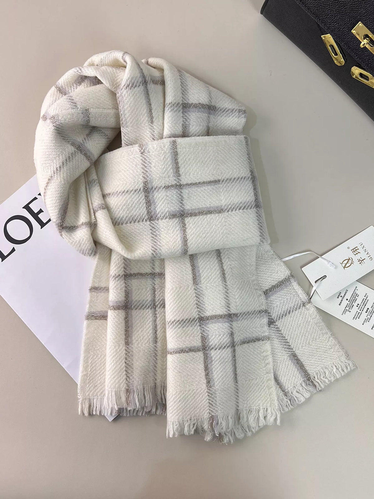 Unisex 100% Wool Raw Hem Plaid Scarf — ivory plaid wool scarf tied with short fringed ends
