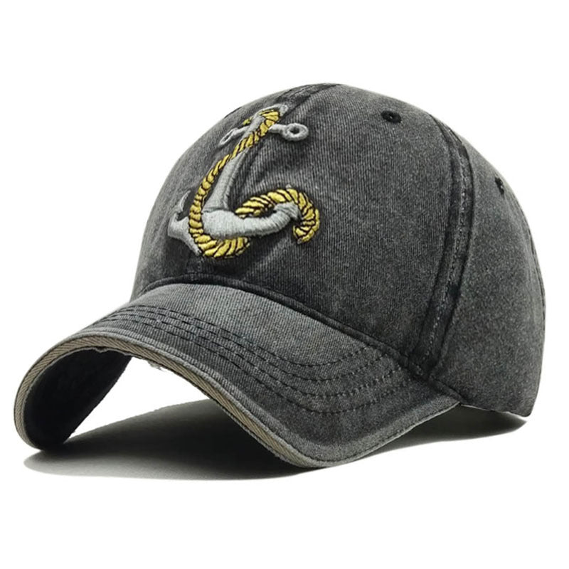 Unisex Navy Blue Vintage Washed Anchor Embroidered Baseball Cap crown detail