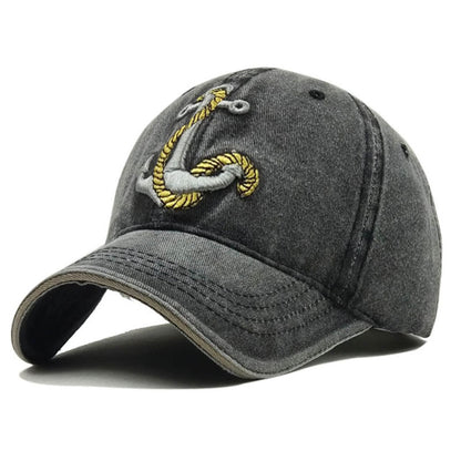 Unisex Navy Blue Vintage Washed Anchor Embroidered Baseball Cap crown detail