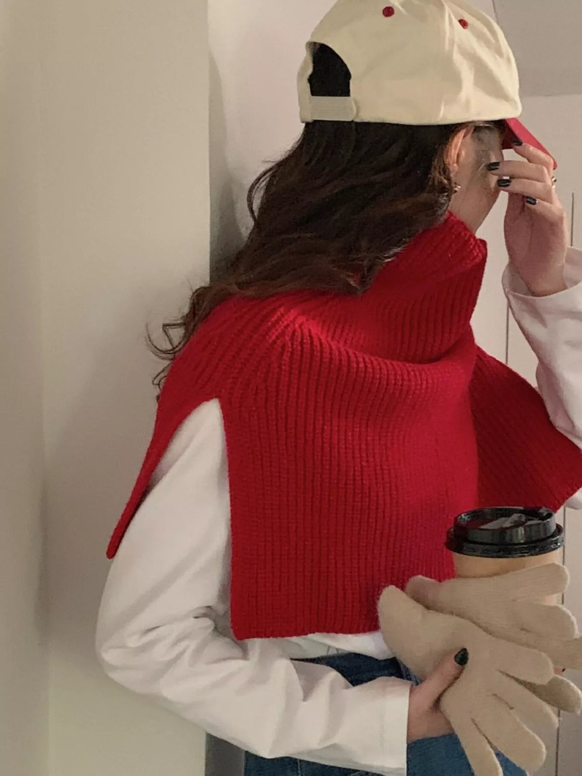 Women's Ribbed Knit Capelet — red ribbed capelet worn over a pale blouse